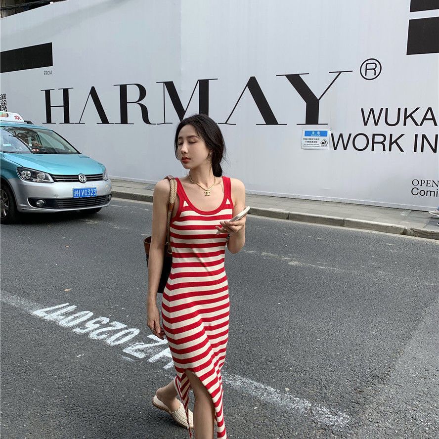 [F &amp; X] Đầm Dệt Kim Hai Dây Ôm Dáng Họa Tiết Kẻ Sọc Màu Đỏ Thời Trang Mùa Hè Dành Cho Nữ
