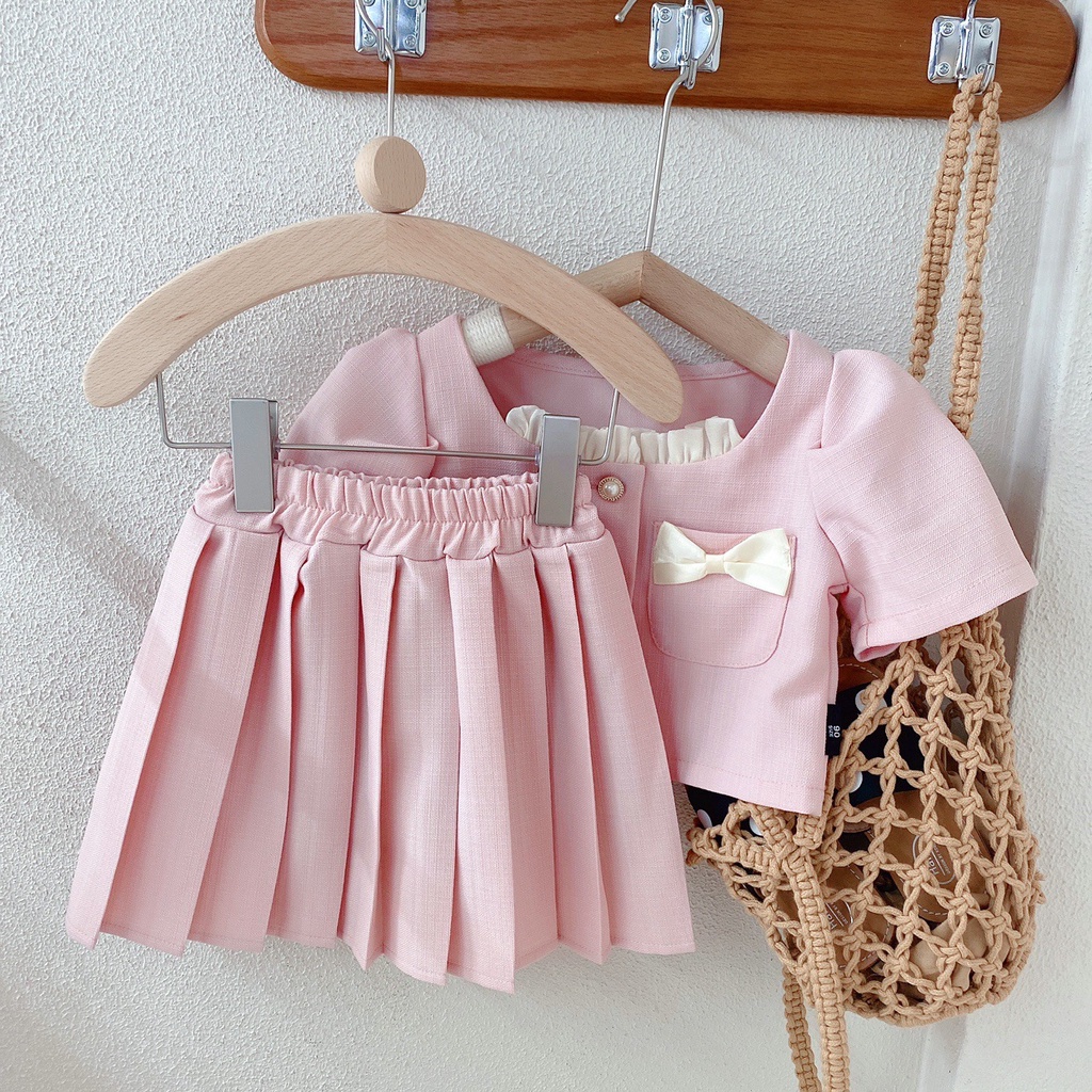 Set Áo Sơ Mi + Chân Váy Xếp Ly Thời Trang Mùa Hè Cho Bé Gái