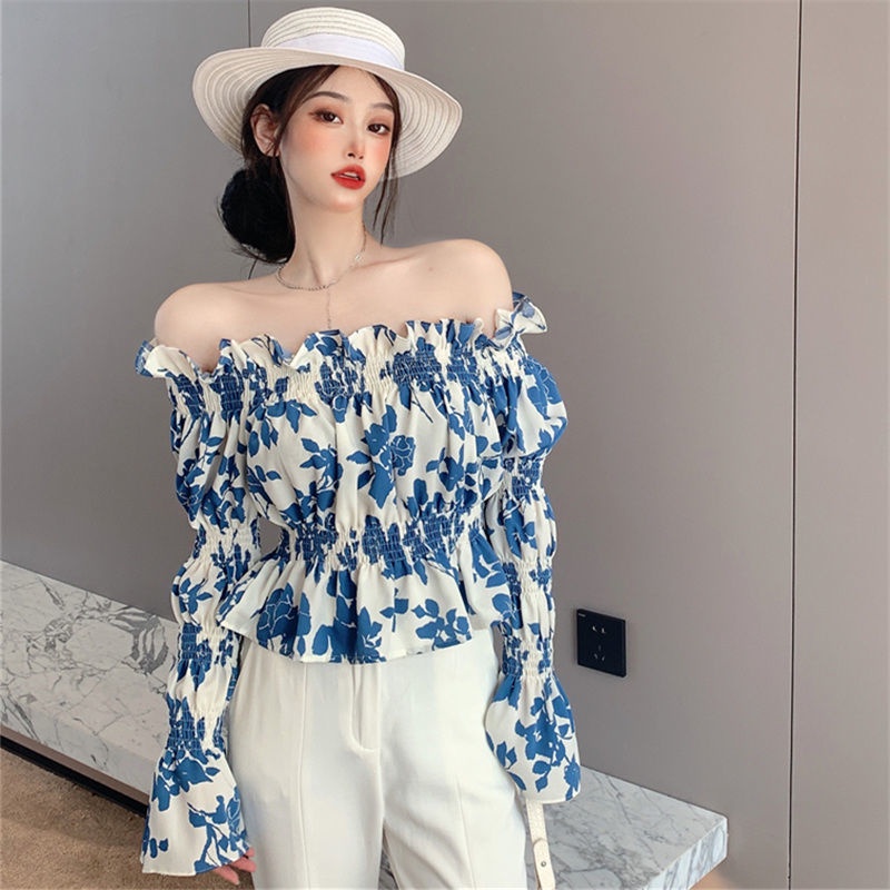 Áo Kiểu Trễ Vai Họa Tiết Hoa Phong Cách Pháp