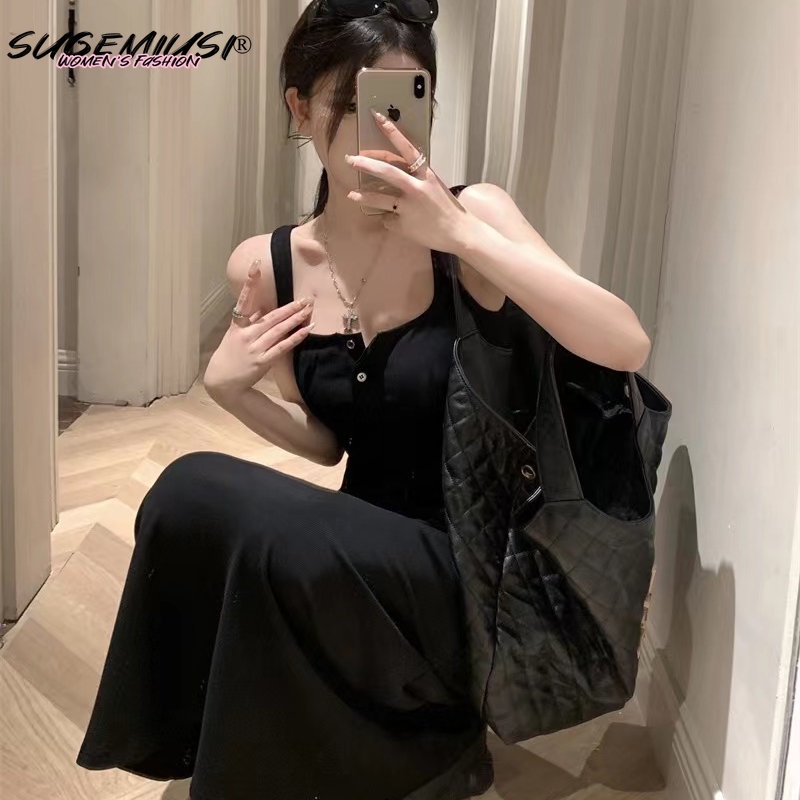 Sugemiusi Đầm Dài Dáng Chữ a Không Tay Cao Cấp Màu Đen Trơn Phong Cách Mùa Hè Mới Cho Nữ
