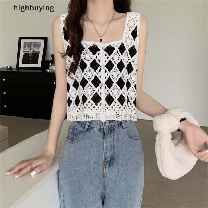 Áo Croptop Dệt Kim Không Tay Cổ Vuông Thêu Họa Tiết Vintage Cho Nữ