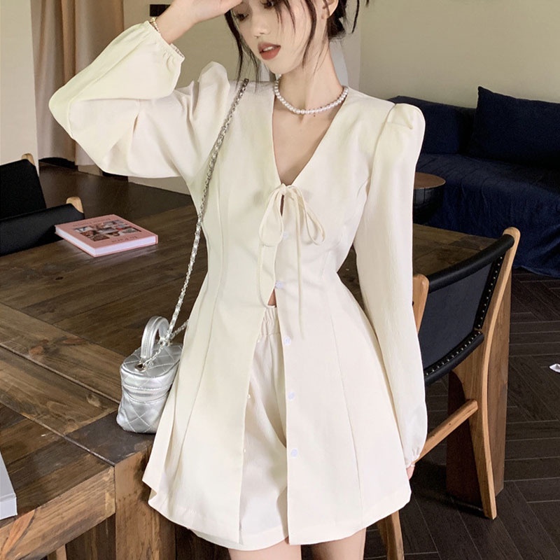 Bộ Áo Tay Dài Buộc Dây Eo Cao + Quần Short Phong Cách Pháp Thời Trang Cho Nữ