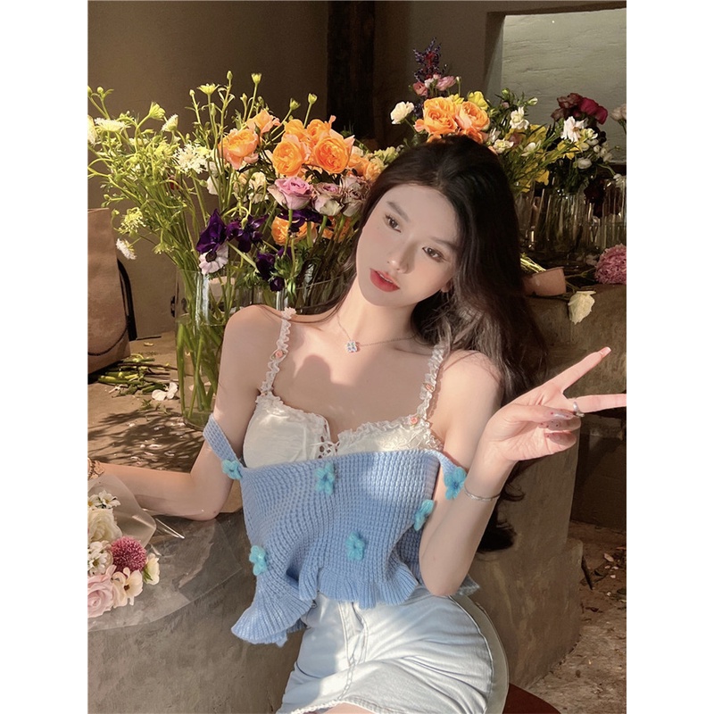 Áo Dệt Kim Hai Dây Xếp Nếp Ba Chiều Màu Trơn Họa Tiết Hoa Nhỏ Tươi Tắn Sang Trọng Dành Cho Bạn Nữ