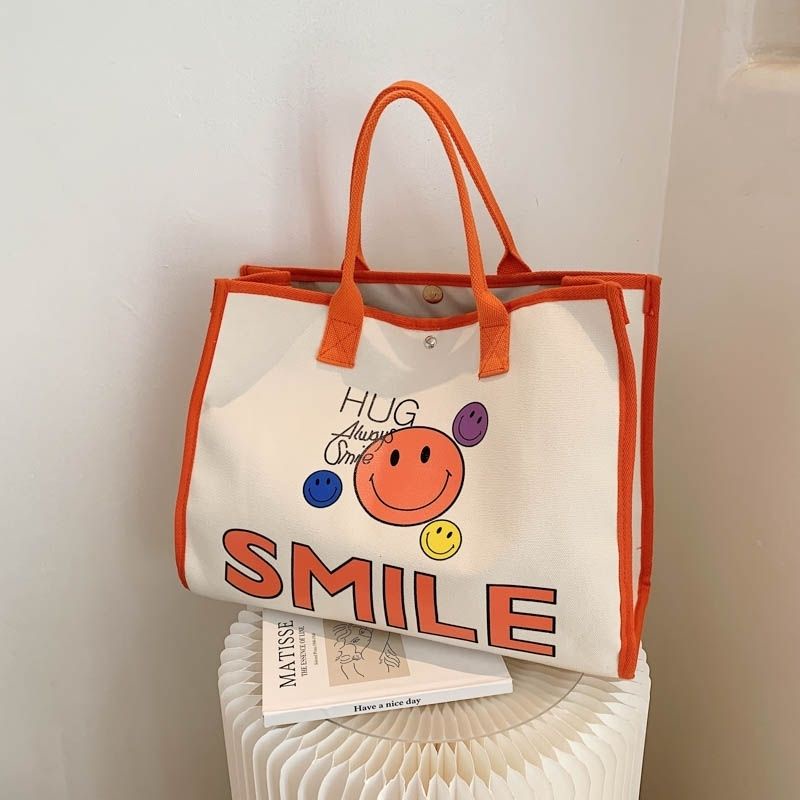 Túi Tote Đeo Vai Mùa Hè 2023 Bằng Vải Bạt In Họa Tiết Mặt Cười Phong Cách Mới Dễ Phối Đồ Cho Nữ