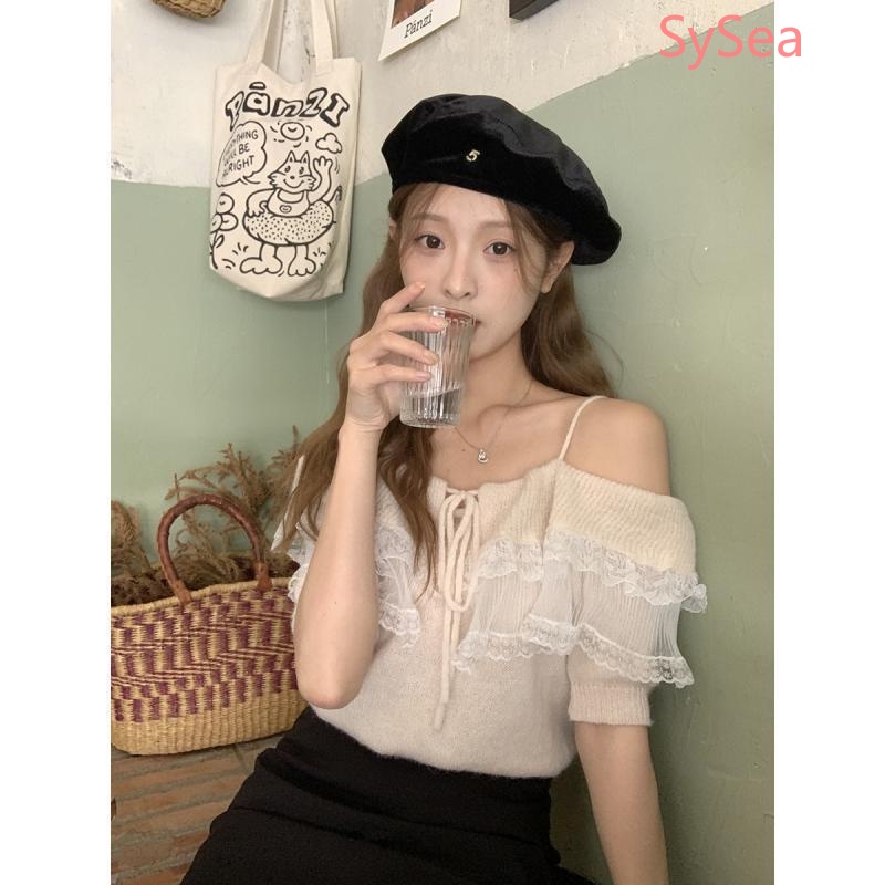 Áo Dệt Kim Trễ Vai Phối Ren Thời Trang Mùa Hè Cho Nữ