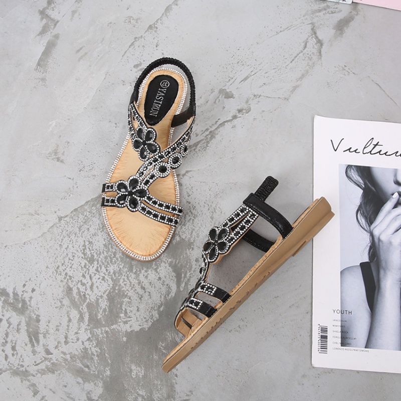 Giày Sandals Đế Bằng Đính Đá Trang Trí Phong Cách Bohemian Thời Trang Cho Nữ Có Size Lớn