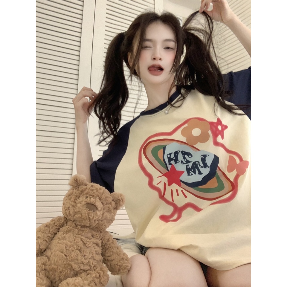 Áo Thun Tay Ngắn Dáng Rộng In Hình Hành Tinh Màu Sắc Đơn Giản Thời Trang Mùa Hè Năng Động