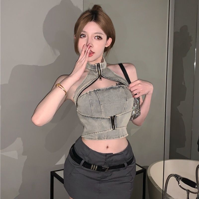 COZOK Áo denim Sát Nách Dáng Ngắn Kiểu vintage Cá Tính