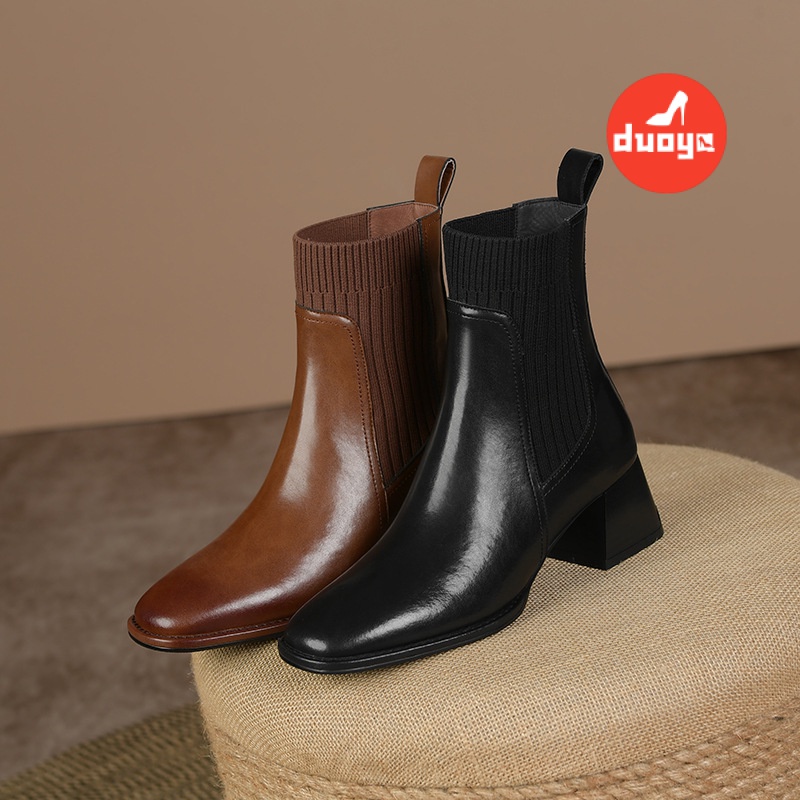 Duoya Tóc Thẳng ~ [Phong Cách Retro] Giày Bốt Dệt Kim Gót Dày Ngắn Màu Nâu Co Giãn Mùa Thu Đông Dành Cho Bạn Nữ