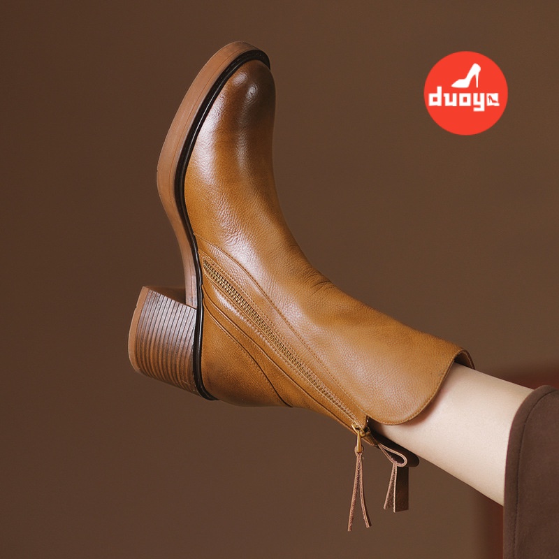 Duoya Giày Bốt Martin Da Mềm Gót Dày Màu Nâu Phong Cách Anh Quốc Cho Nữ