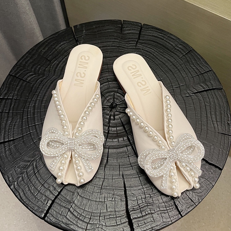 Dép Mũi Tròn Đế Bằng Màu Trơn Đính Ngọc Trai Thời Trang Mùa Hè Phong Cách Hàn Quốc Cho Nữ