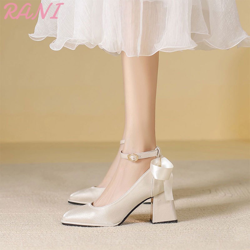 Rani Giày Cao Gót satin Màu Đỏ Phối Khóa Vuông Kiểu Pháp Cho Cô Dâu Trong Ngày Cưới