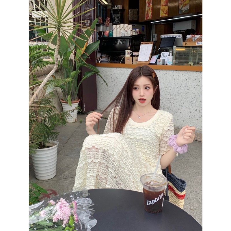 Đầm Dài Phối Ren Tay Ngắn Thời Trang Dành Cho Nữ