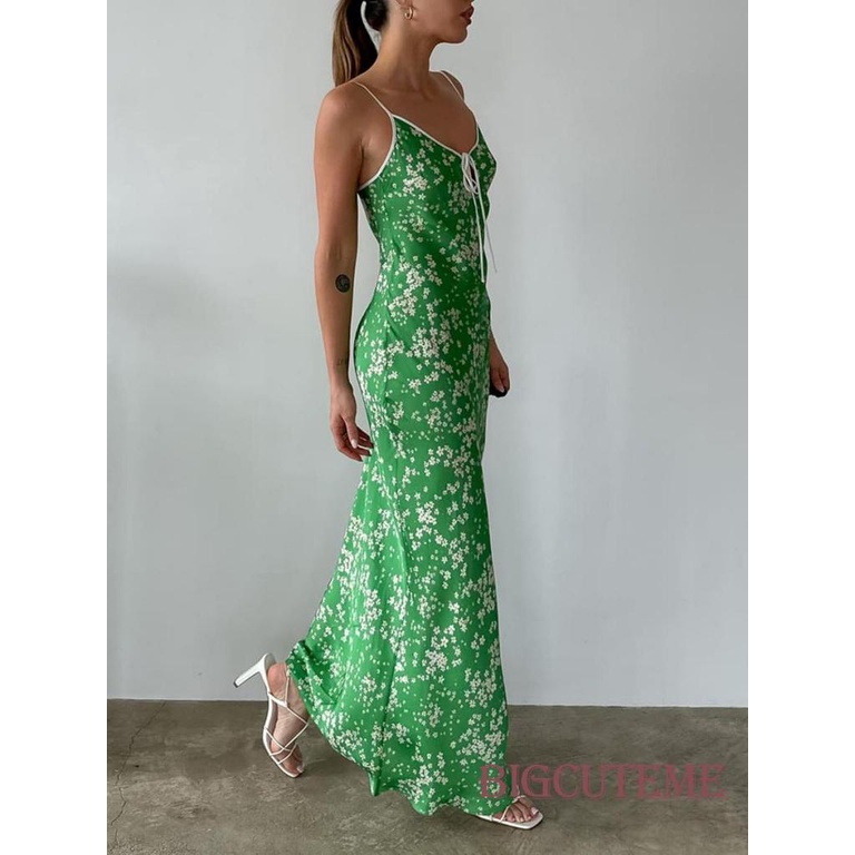 [] - Đầm Dài Dáng Ôm Không Tay Hai Dây Hở Lưng In Hoa Màu Xanh Lá Thời Trang Mùa Hè Dành Cho Bạn Nữ