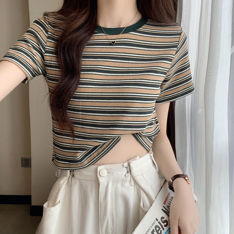 SUXI Áo Thun Ngắn Tay Cổ Tròn Họa Tiết Kẻ Sọc Phong Cách Vintage