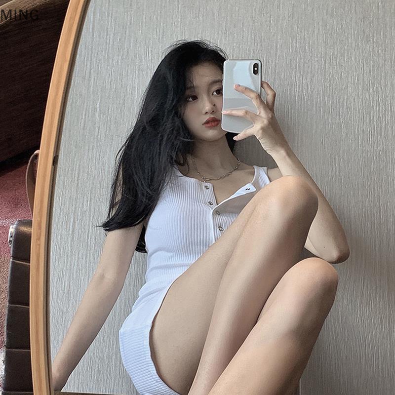 Đầm Ngắn Dáng Ôm Thiết Kế Nút Gợi Cảm Cho Nữ Y2K