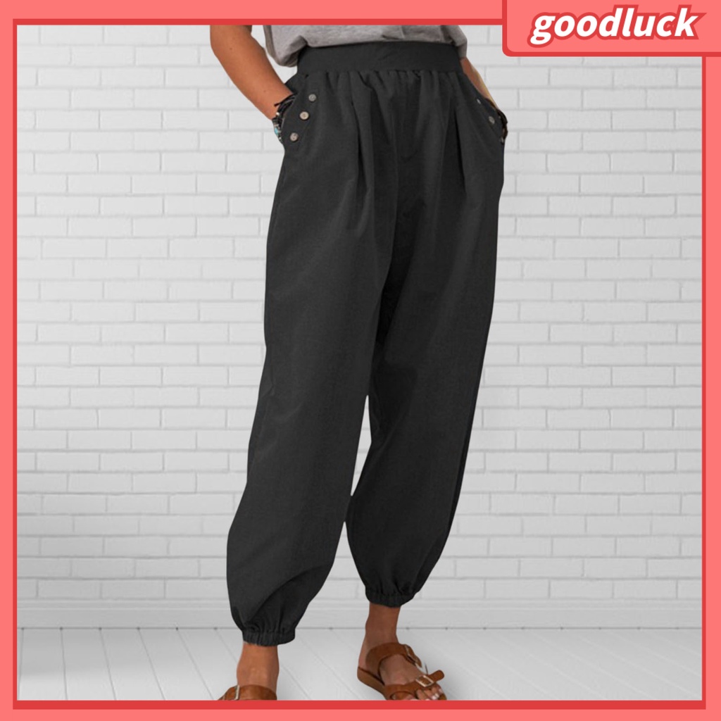 Quần Lửng Lưng Thun Màu Trơn Có Túi Đính Nút Trang Trí Đường Phố Cho Nữ