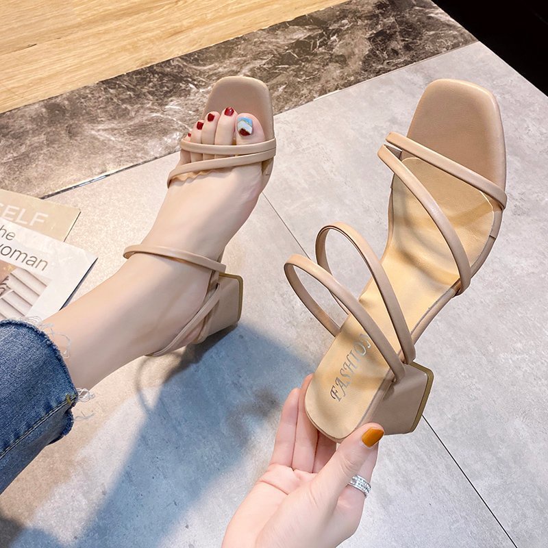Giày Sandal Cao Gót Dày Quai Ngang Màu Đen Thời Trang  Cho Nữ