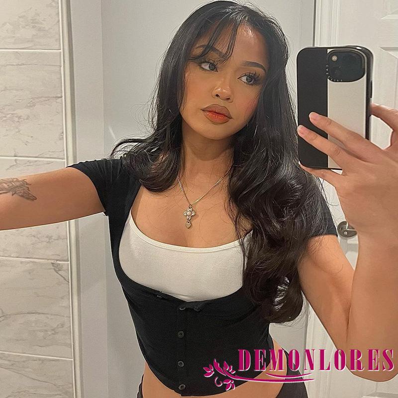 Áo Thun Crop Top Giả Hai Lớp Tay Ngắn Cổ Chữ U Dáng Ôm Màu Sắc Tương Phản Thời Trang Mùa Hè Dành Cho Bạn Nữ
