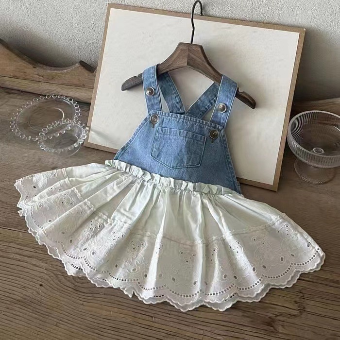 Đầm Yếm Denim Phối Ren Có Túi Thời Trang Xuân Hè Cho Bé Gái IKKZ
