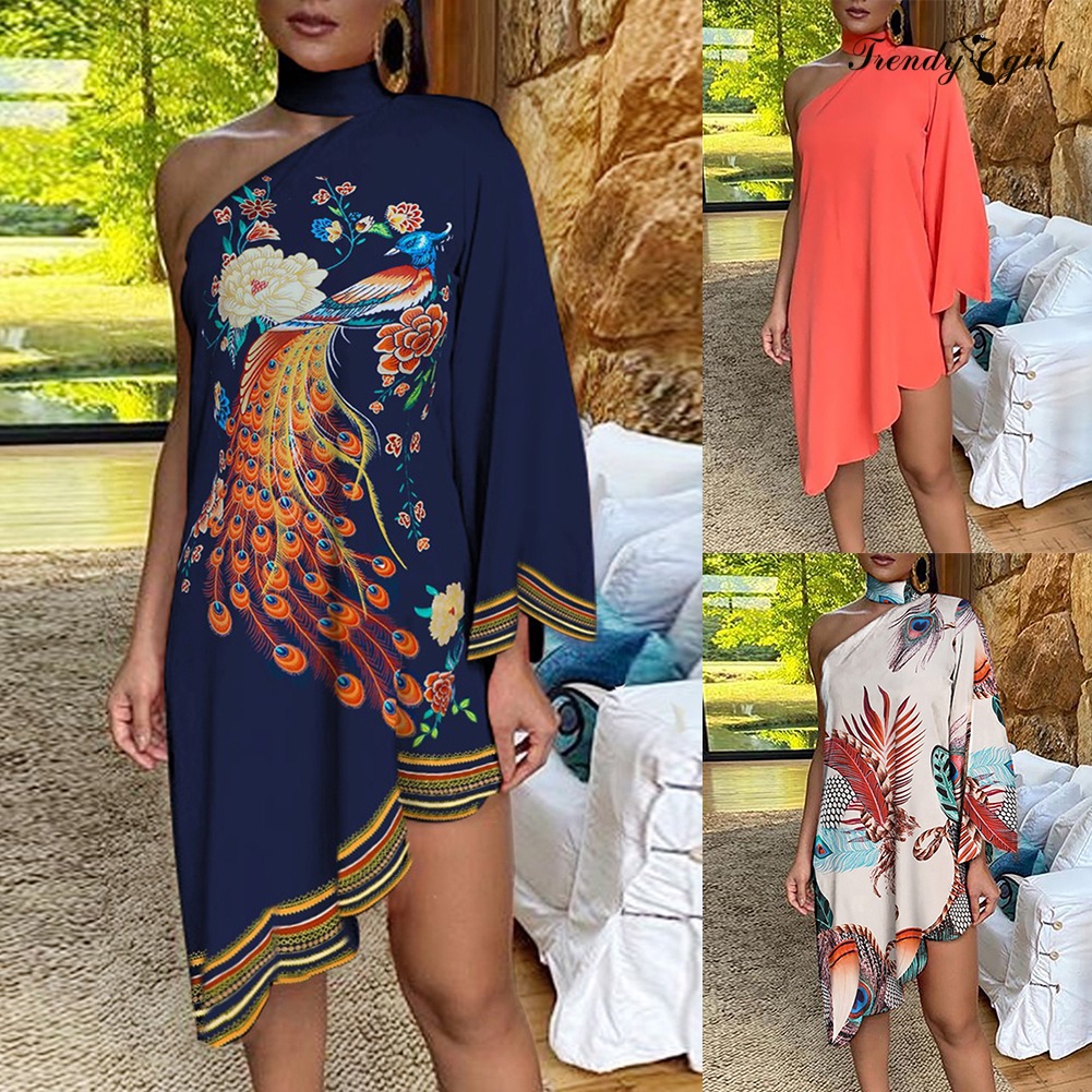 Đầm Choker Viền Bèo Lệch Vai In Họa Tiết Chim Công Thời Trang Cho Nữ