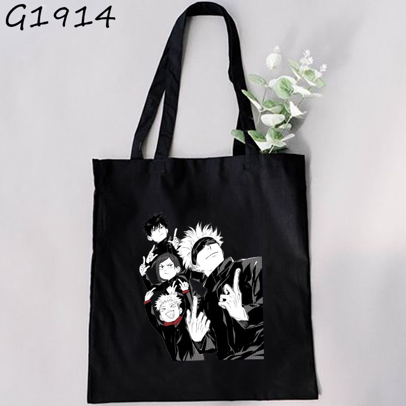 Túi Xách Tay Đeo Vai Bằng Vải Canvas Màu Đen Phong Cách Harajuku Anime Jujutsu Kaisen L5JH