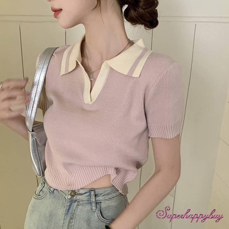 Áo Croptop Dệt Kim Tay Ngắn Cổ Bẻ Màu Sắc Tương Phản Thời Trang Cho Nữ
