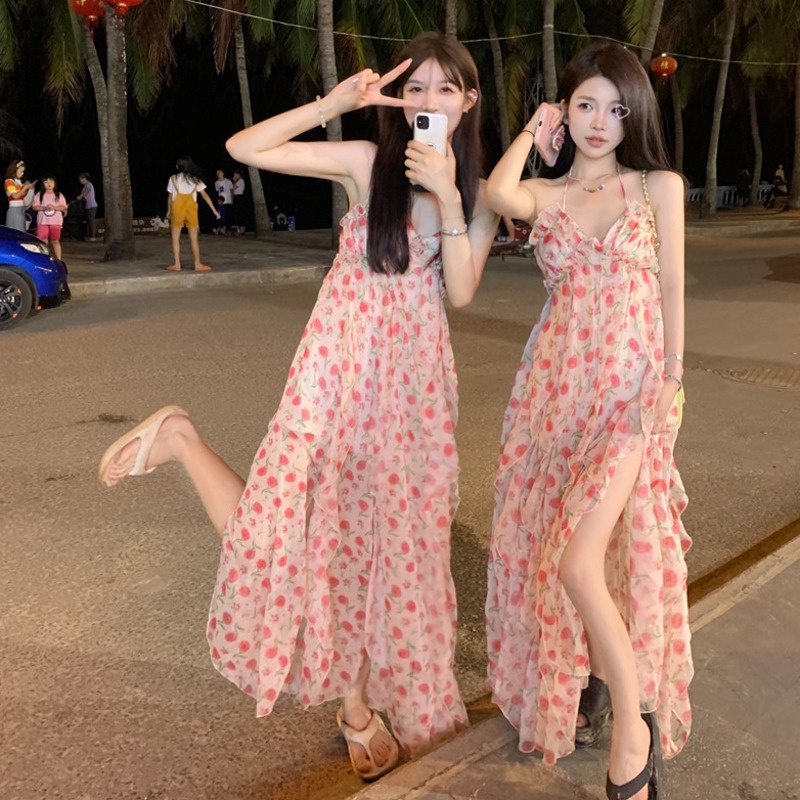 Đầm Dài Xẻ Tà Hở Lưng In Họa Tiết Hoa Thời Trang Mùa Hè Xinh Xắn Cho Nữ