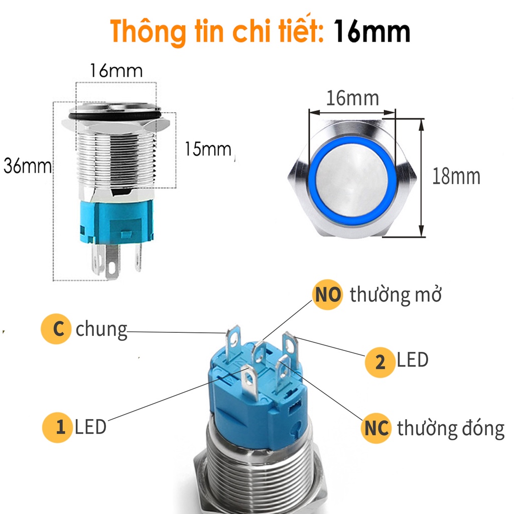 Nút nhấn INOX, Công tắc nguồn nhấn giữ trạng thái có đèn LED 12mm - 16mm - 19mm