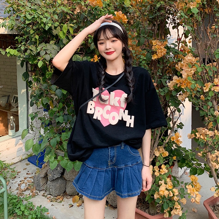 Áo Thun Đen Tay Ngắn Dáng Rộng In Hình Trái Tim Phong Cách Harajuku Thời Trang Cho Nữ