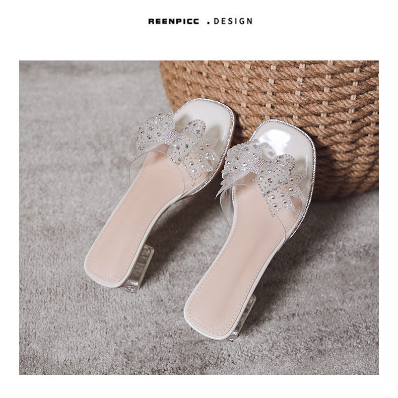 Duoya Tóc Thẳng ~ [Hàng Có Sẵn] Dép Cao Gót Đính Đá Pha Lê Trong Suốt Hình Nơ Dành Cho Nữ Mang Ngoài Trời Miễn Phí Vận Chuyển