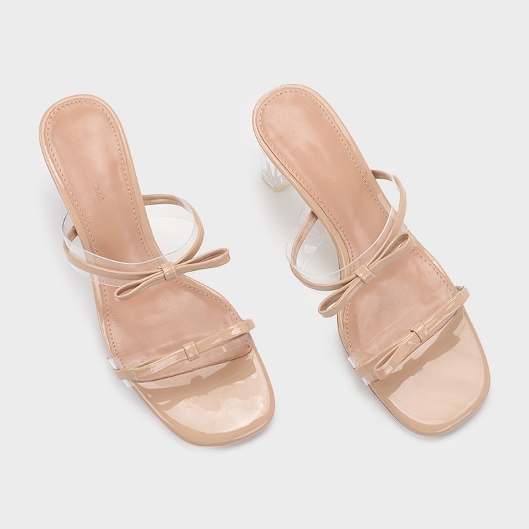 Duoya Tóc Thẳng ~ [Hàng Có Sẵn] Dép Cao Gót Mũi Vuông Hở Ngón Bằng Da Bóng Pha Lê Trong Suốt Hai Màu Khóa Thắt Nơ Cho Nữ Miễn Phí Vận Chuyển