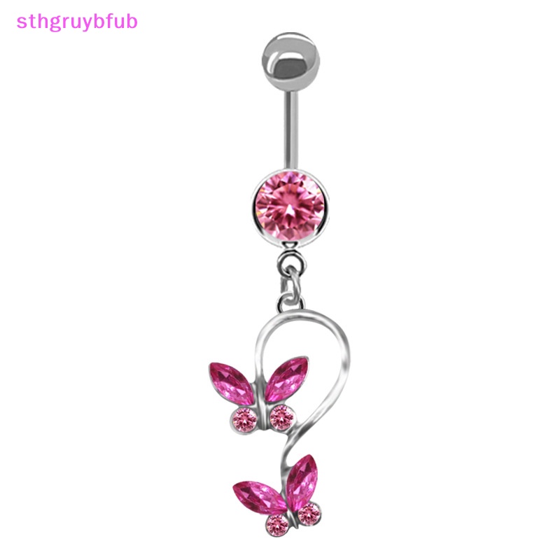 Khuyên Rốn Bằng Thép Không Gỉ Hình Mèo Và Bướm Hồng Dễ Thương