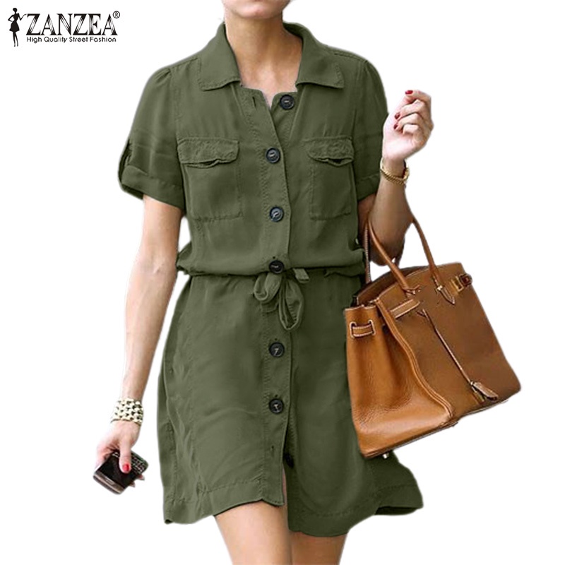 ZANZEA Đầm Nữ Ngắn Tay Cổ Bẻ Form Rộng Thời Trang Đường Phố Vintage