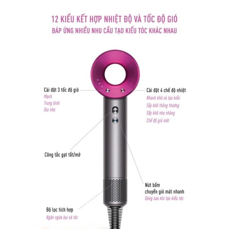 Máy sấy tóc SuperSonic không cánh quạt, êm ái, mạnh mẽ, công suất cao, sấy nóng lạnh và tạo kiểu nhanh. BH 12 tháng