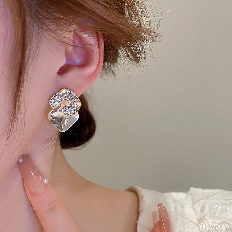 Bông Tai Mạ Bạc 925 Hình Học Đính Kim Sa Lấp Lánh Phong Cách Hàn Quốc Dễ Phối Đồ