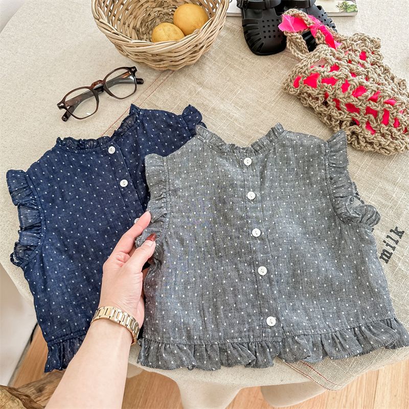 Hàng Mới Về Mới Áo Sơ Mi Vải Lanh Cotton Không Tay Phối Ren Cài Nút Sau Lưng Phong Cách Hàn Quốc Thời Trang Mùa Hè Cho Bé