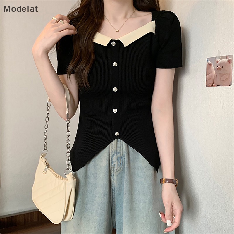 Mfc Áo Thun Dệt Kim Tay Ngắn Phồng Cổ Vuông Dáng Ôm Xẻ Tà Cài Nút Thời Trang