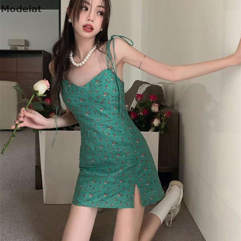 Mfc Đầm Dáng Chữ A Lưng Cao Cột Dây In Họa Tiết Hoa Phong Cách Hàn Quốc Thời Trang Mùa Hè Quyến Rũ Cho Nữ