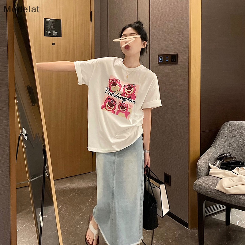 Áo Thun Tay Ngắn Cổ Tròn Dáng Rộng In Họa Tiết Gấu Hoạt Hình Đáng Yêu Cho Nữ