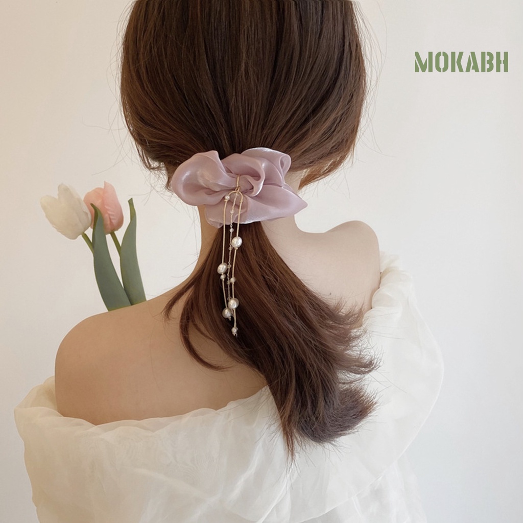 Dây Cột Tóc Satin Co Giãn Tốt Màu Trơn Đính Ngọc Trai Giả Xinh Xắn Cho Nữ