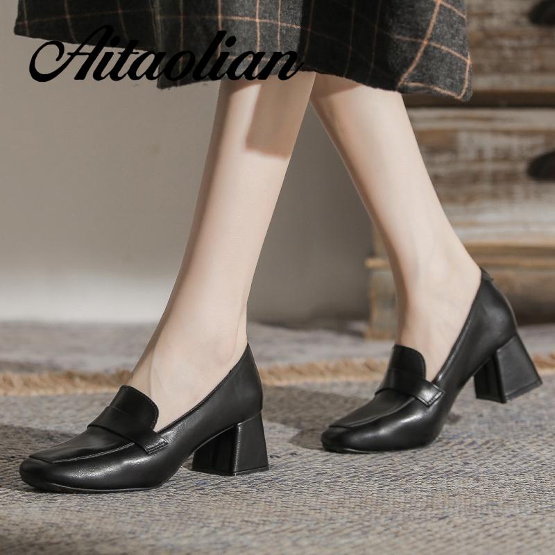 Giày Cao Gót 6cm Da Thật Mũi Vuông Phong Cách retro Anh Quốc Cho Nữ Mềm