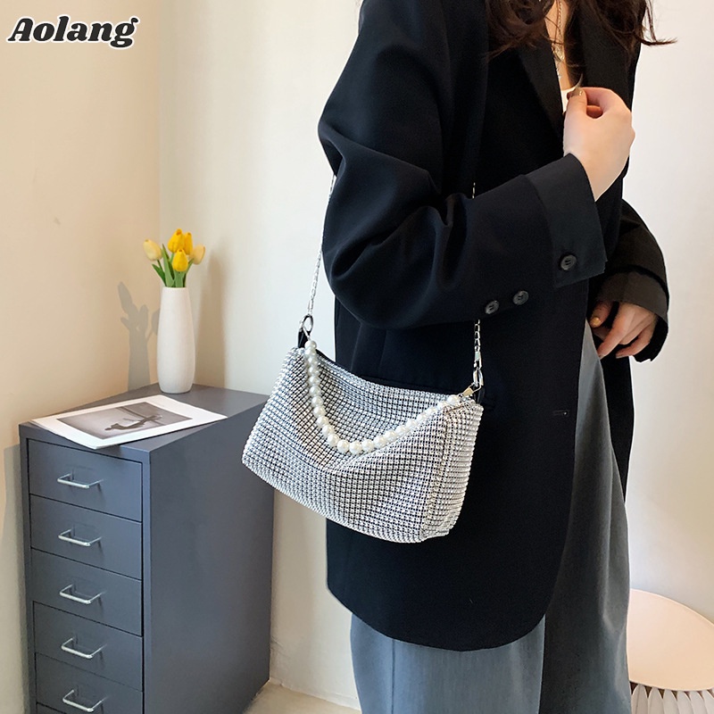 Aolang Túi Đeo Chéo Đính Ngọc Trai Thời Trang Cho Nữ