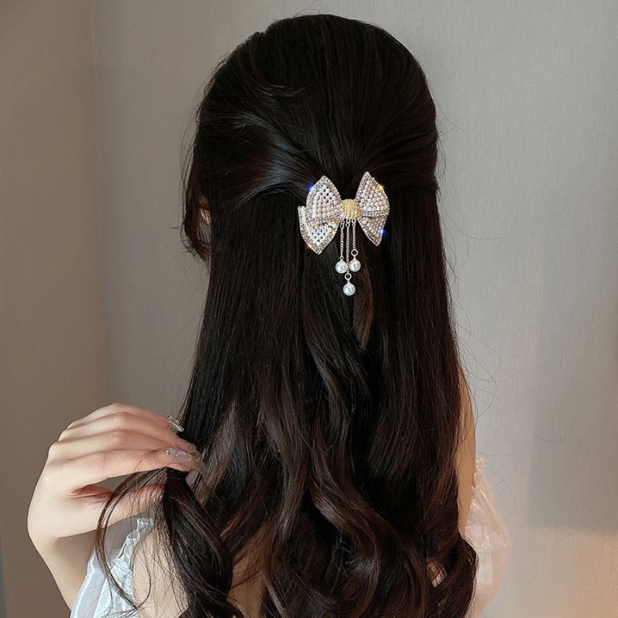 Kẹp Tóc Nơ Kim Loại Đính Đá &amp; Ngọc Trai Toàn Diện Thanh Lịch Cho Nữ