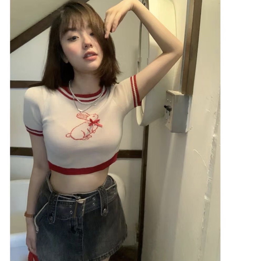 Áo Thun Crop Top Tay Ngắn Cổ Tròn In Họa Tiết Hoạt Hình Màu Tương Phản Thời Trang Mùa Hè Cho Nữ