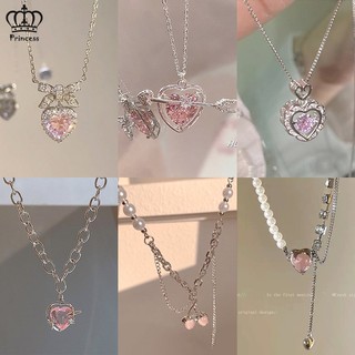Vòng cổ Mặt Trái Tim Đính Đá Zircon Hồng Ngọt Ngào Y2K