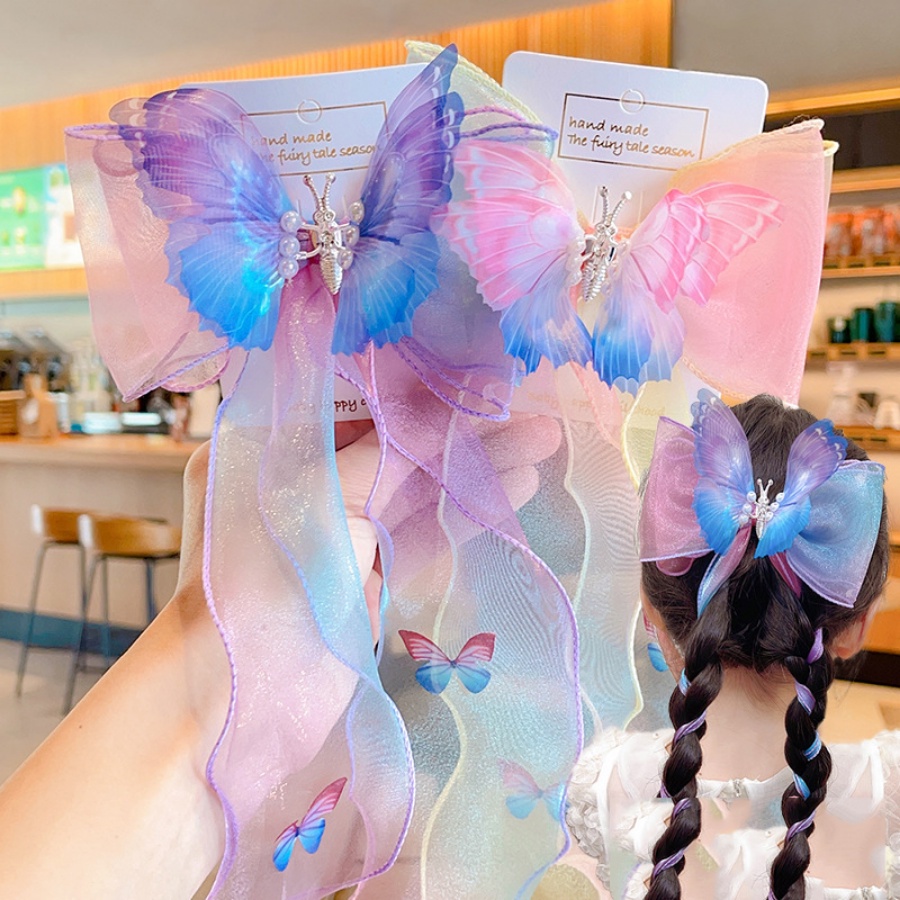 Kẹp Tóc Hình Bướm Phối Dây Ruy Băng Lưới Kiểu Hàn Quốc Dễ Thương Cho Bé Gái