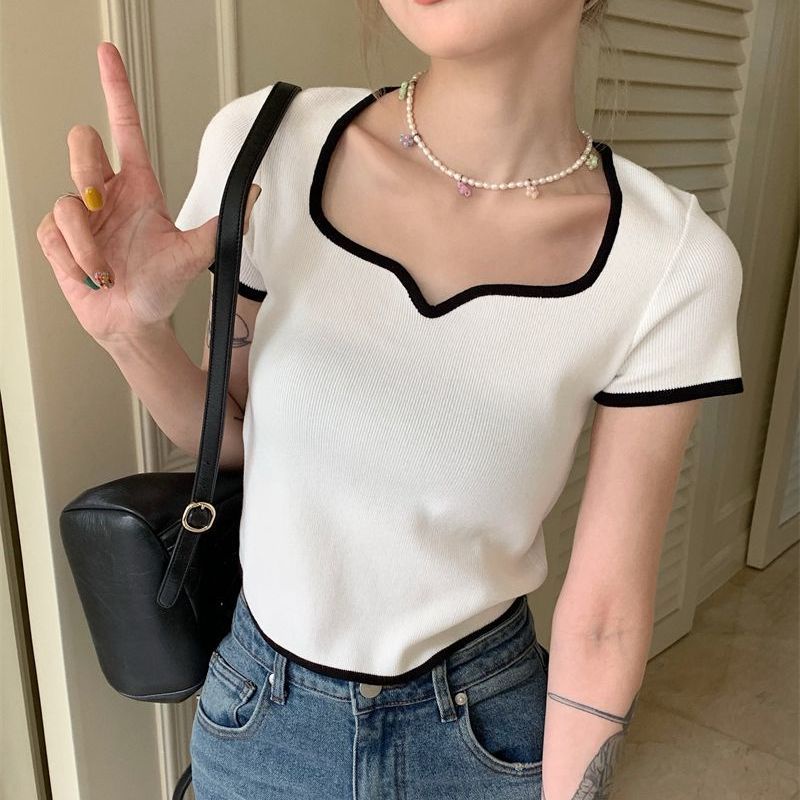 Áo Croptop Tay Ngắn Cổ Vuông Màu Đen Thời Trang Mùa Hè Xinh Xắn Cho Nữ