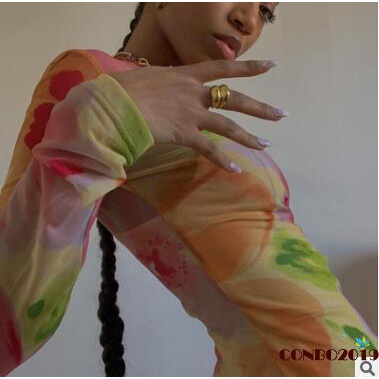 Đầm Ngắn Tay Dài Cổ Tròn Eo Cao Xuyên Thấu In Họa Tiết Hoa Cho Nữ