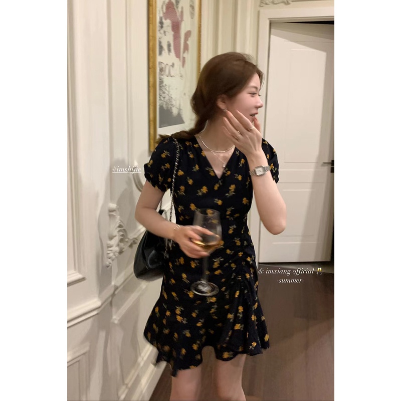 Đầm Dài Tay Phồng Cổ Chữ V In Hoa Thời Trang Mùa Hè Nhẹ Nhàng Dành Cho Nữ